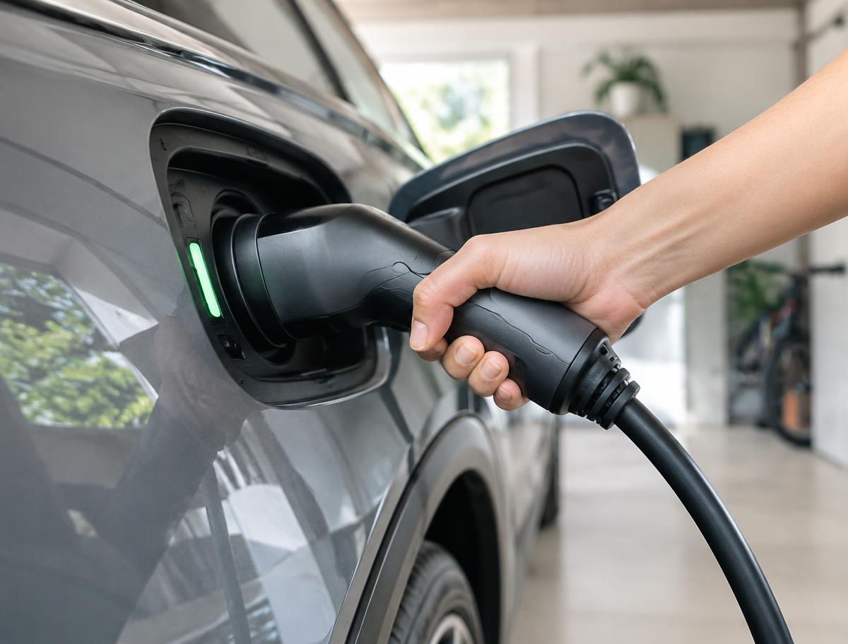 Cabo de recarga conectado a um carro elétrico
